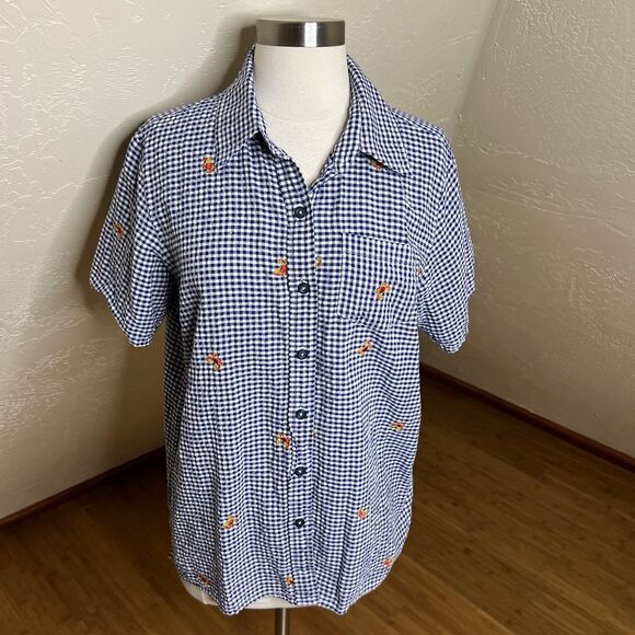 Quacker Factory Shirt Womens Medium Blue Gingham Crab Jeweled Print Button Up - Picture 8 of 9